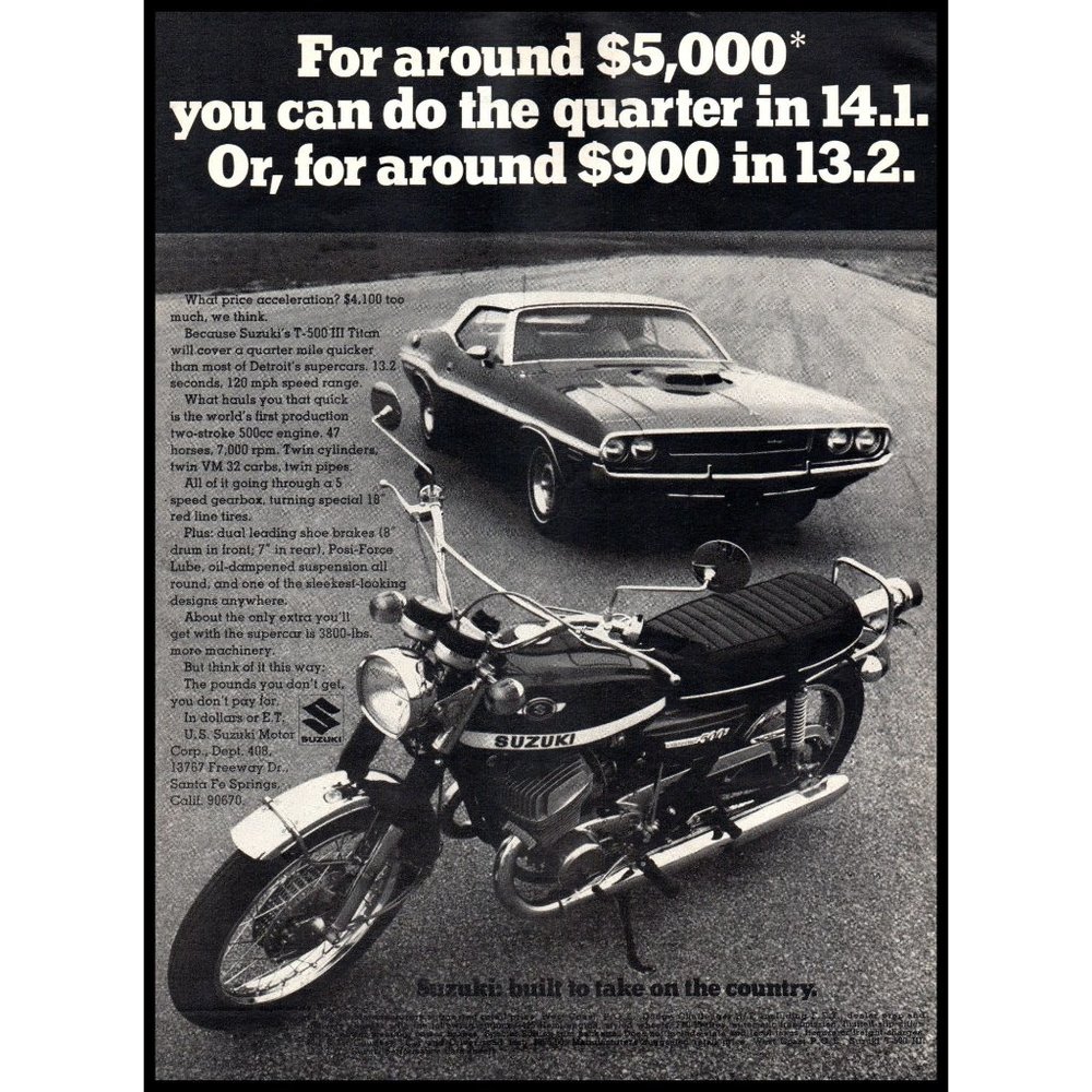 1970 Suzuki T-500 III Titan Motorcycle Vintage Print Ad Dodge Challenger Photo